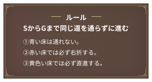 ルール SからGまで同じ道を通らずに進む ①青い床は通れない。②赤い床では必ず右折する。③黄色い床では必ず直進する。